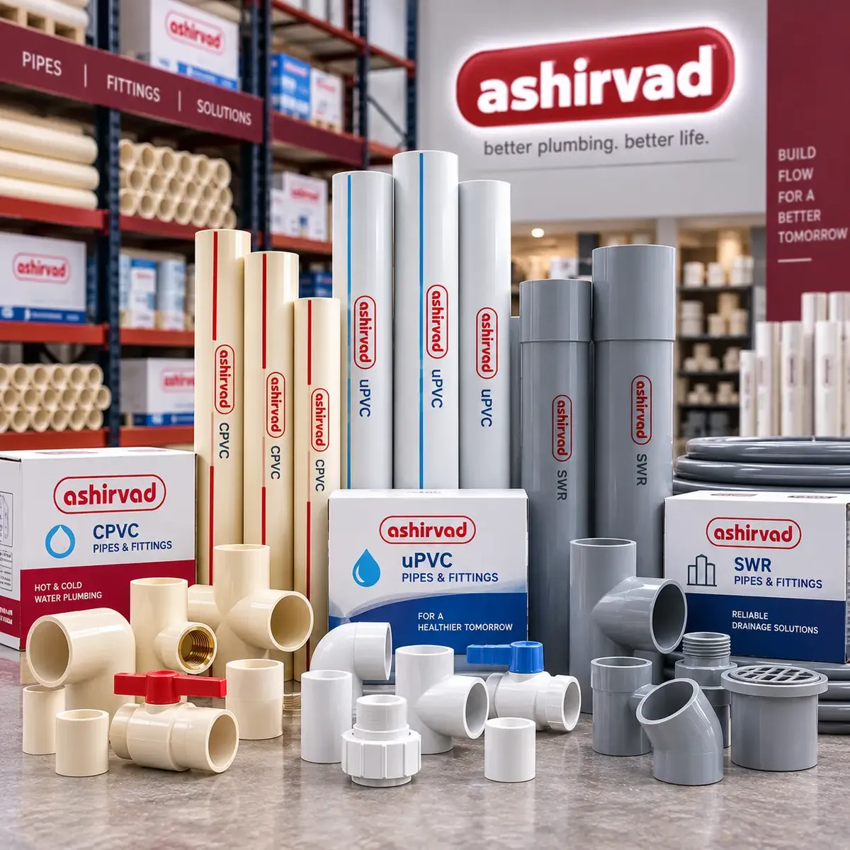 Ashirvad CPVC, UPVC and SWR pipes and fittings displayed for supply in Chennai