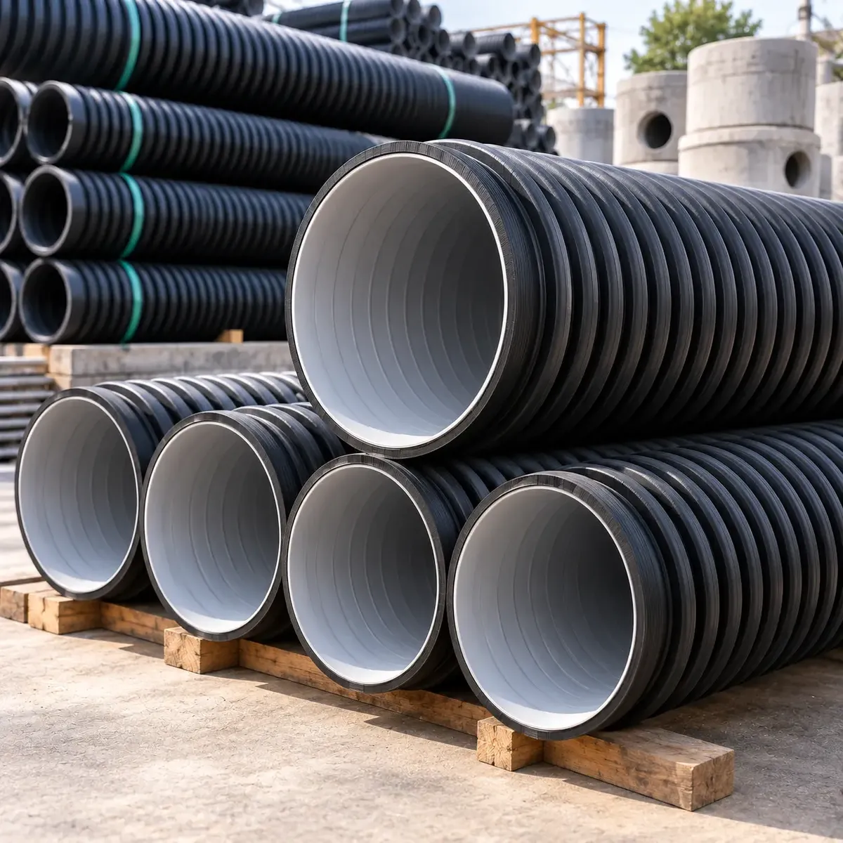Double wall corrugated DWC pipes arranged in a yard