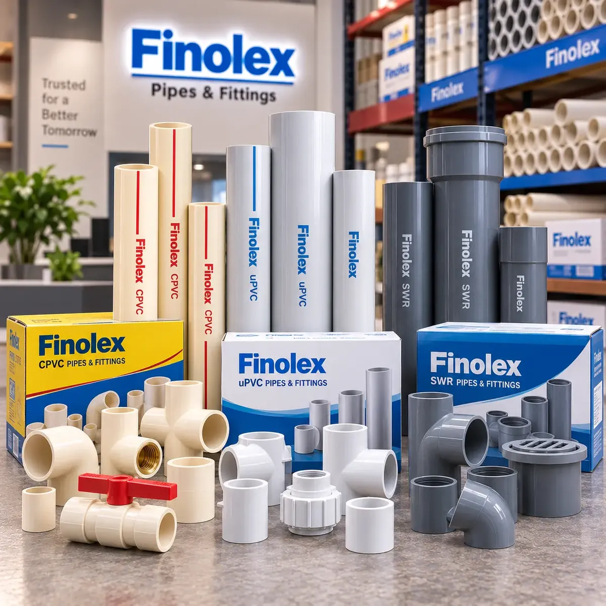 Finolex CPVC, UPVC and SWR pipes and fittings displayed for supply in Chennai