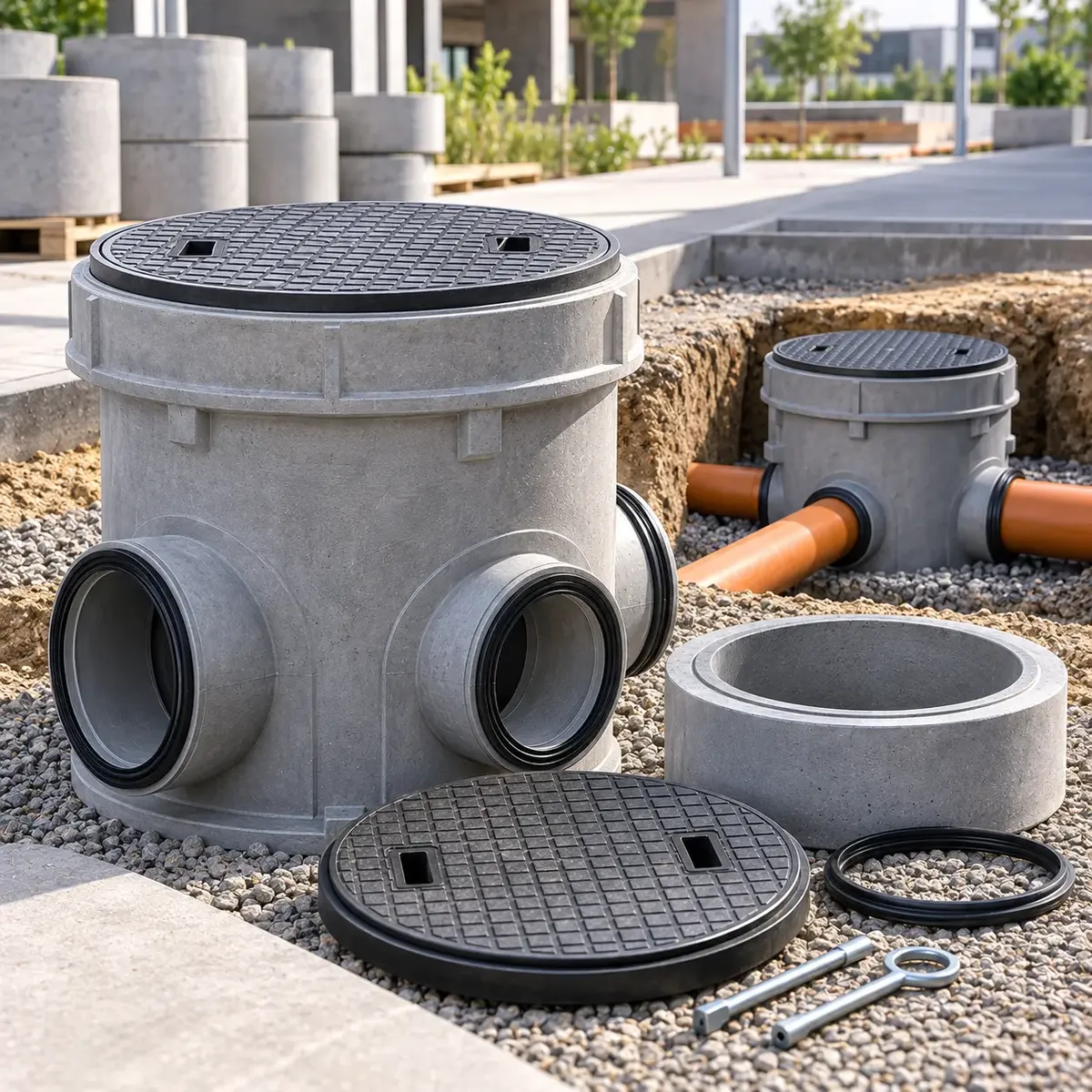 Inspection chambers with covers and drainage pipe connections