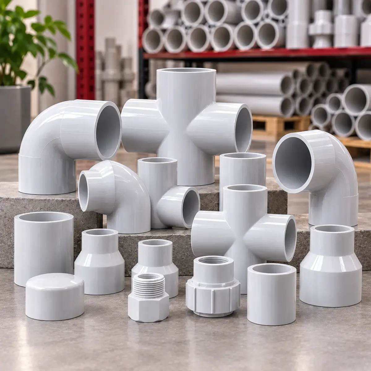 PVC pipe fittings including elbows and tees