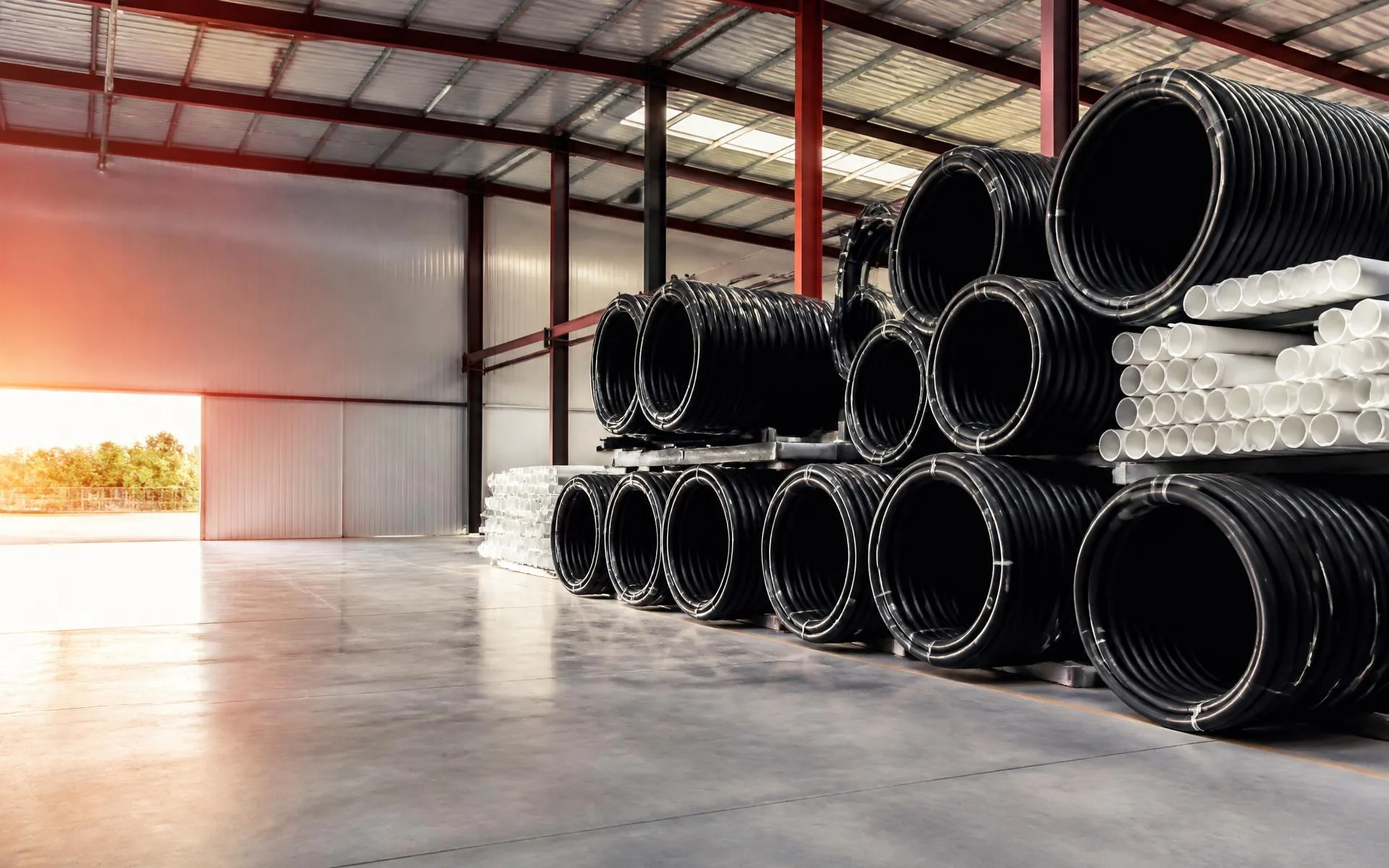 Organized HDPE and PVC pipe inventory in a modern warehouse