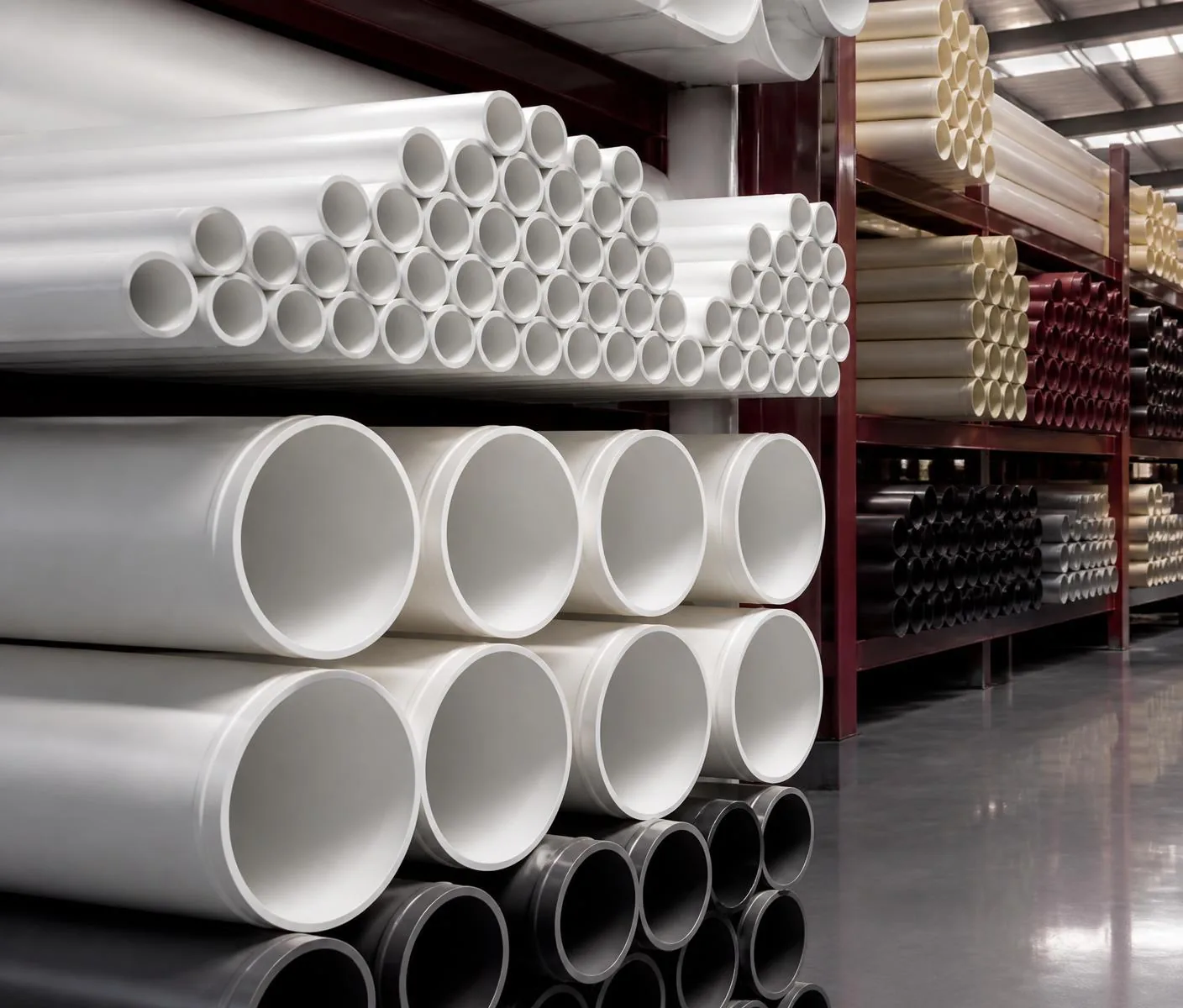 Wide range of pipes arranged in a professional warehouse